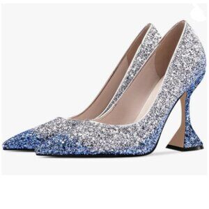 YDN Silver Blue Pointed Toe Slip on Pumps Special High Heel Shoe for Party